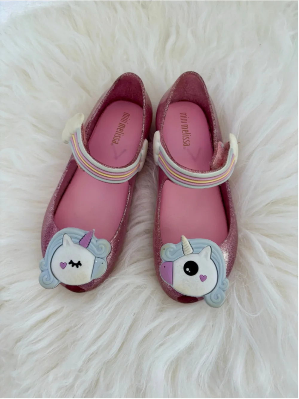 Girl's Mini Melissa Pink Glitter Rainbow Unicorn Shoes Mary Jane Glitter Size 10